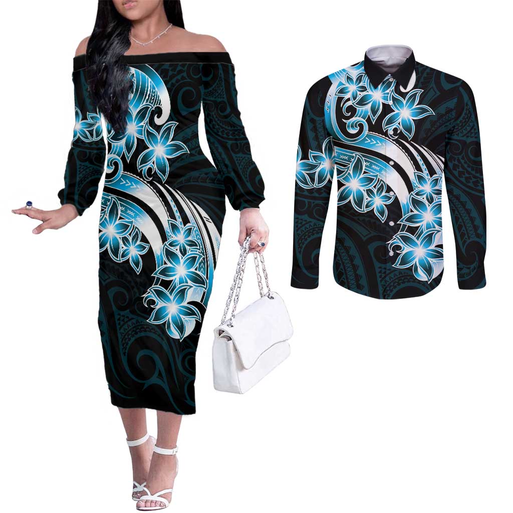 Plumeria Tribal Tattoo Couples Matching Off The Shoulder Long Sleeve Dress and Long Sleeve Button Shirt Blue Polynesian Pattern