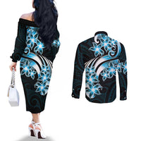 Plumeria Tribal Tattoo Couples Matching Off The Shoulder Long Sleeve Dress and Long Sleeve Button Shirt Blue Polynesian Pattern