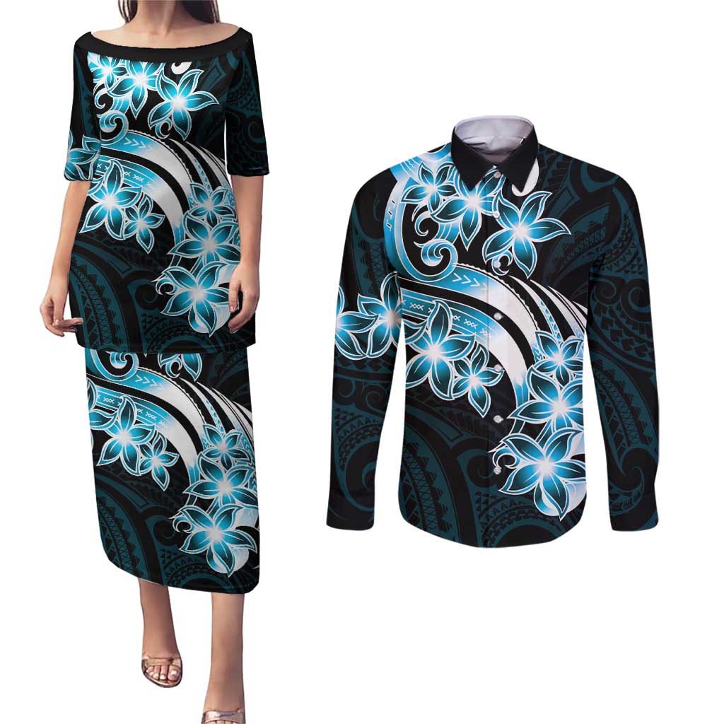 Plumeria Tribal Tattoo Couples Matching Puletasi and Long Sleeve Button Shirt Blue Polynesian Pattern