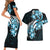 Plumeria Tribal Tattoo Couples Matching Short Sleeve Bodycon Dress and Hawaiian Shirt Blue Polynesian Pattern