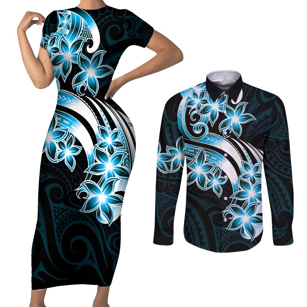 Plumeria Tribal Tattoo Couples Matching Short Sleeve Bodycon Dress and Long Sleeve Button Shirt Blue Polynesian Pattern