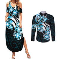 Plumeria Tribal Tattoo Couples Matching Summer Maxi Dress and Long Sleeve Button Shirt Blue Polynesian Pattern