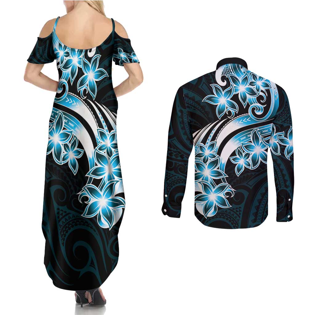 Plumeria Tribal Tattoo Couples Matching Summer Maxi Dress and Long Sleeve Button Shirt Blue Polynesian Pattern