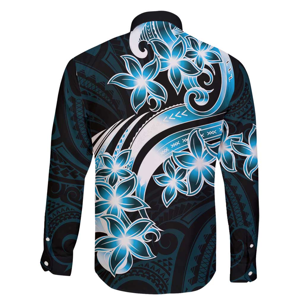 Plumeria Tribal Tattoo Family Matching Long Sleeve Bodycon Dress and Hawaiian Shirt Blue Polynesian Pattern LT9 - Polynesian Pride