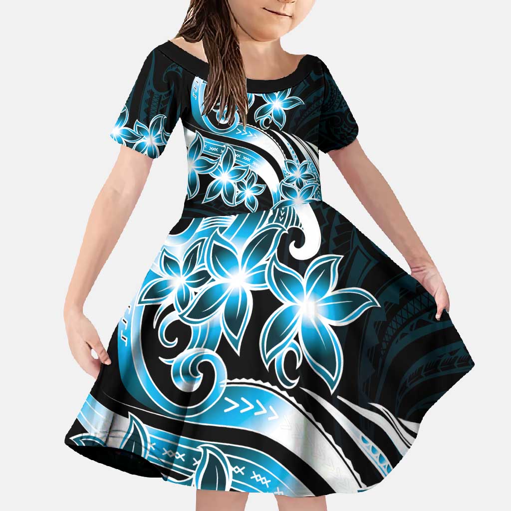 Plumeria Tribal Tattoo Family Matching Mermaid Dress and Hawaiian Shirt Blue Polynesian Pattern LT9 Daughter's Dress Blue - Polynesian Pride