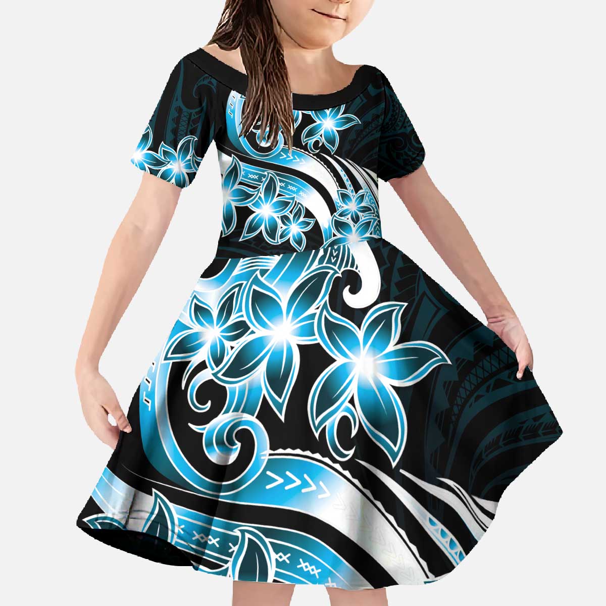 Plumeria Tribal Tattoo Family Matching Off The Shoulder Long Sleeve Dress and Hawaiian Shirt Blue Polynesian Pattern