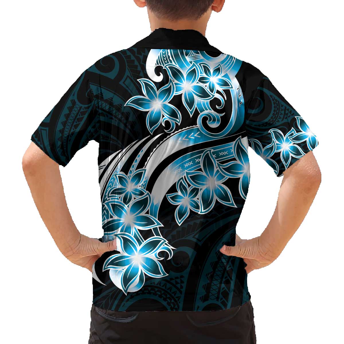 Plumeria Tribal Tattoo Family Matching Off Shoulder Short Dress and Hawaiian Shirt Blue Polynesian Pattern
