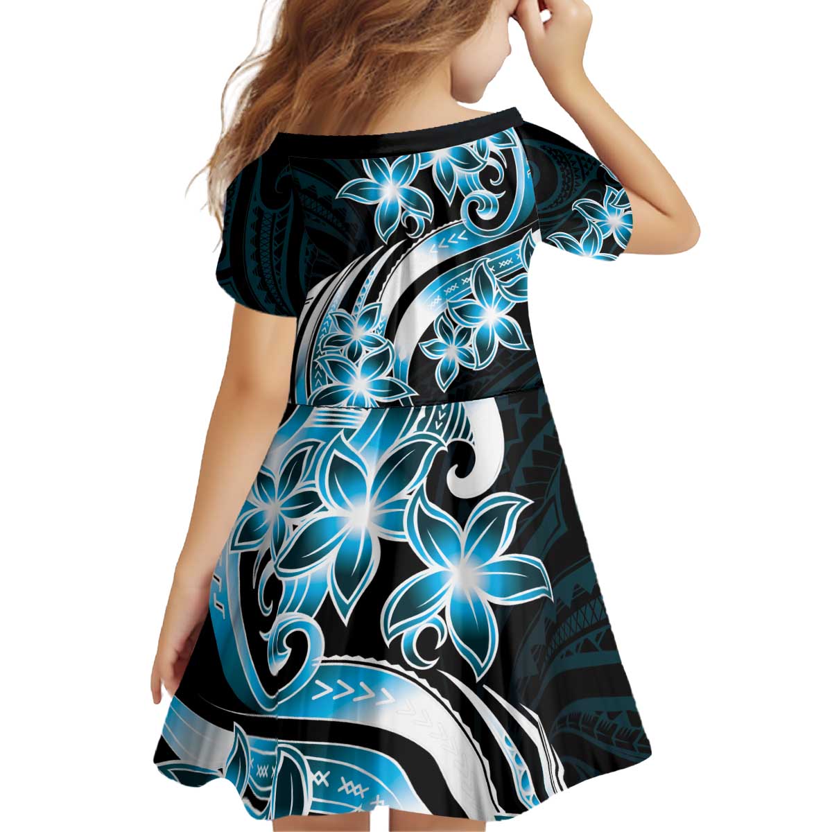 Plumeria Tribal Tattoo Family Matching Off Shoulder Short Dress and Hawaiian Shirt Blue Polynesian Pattern