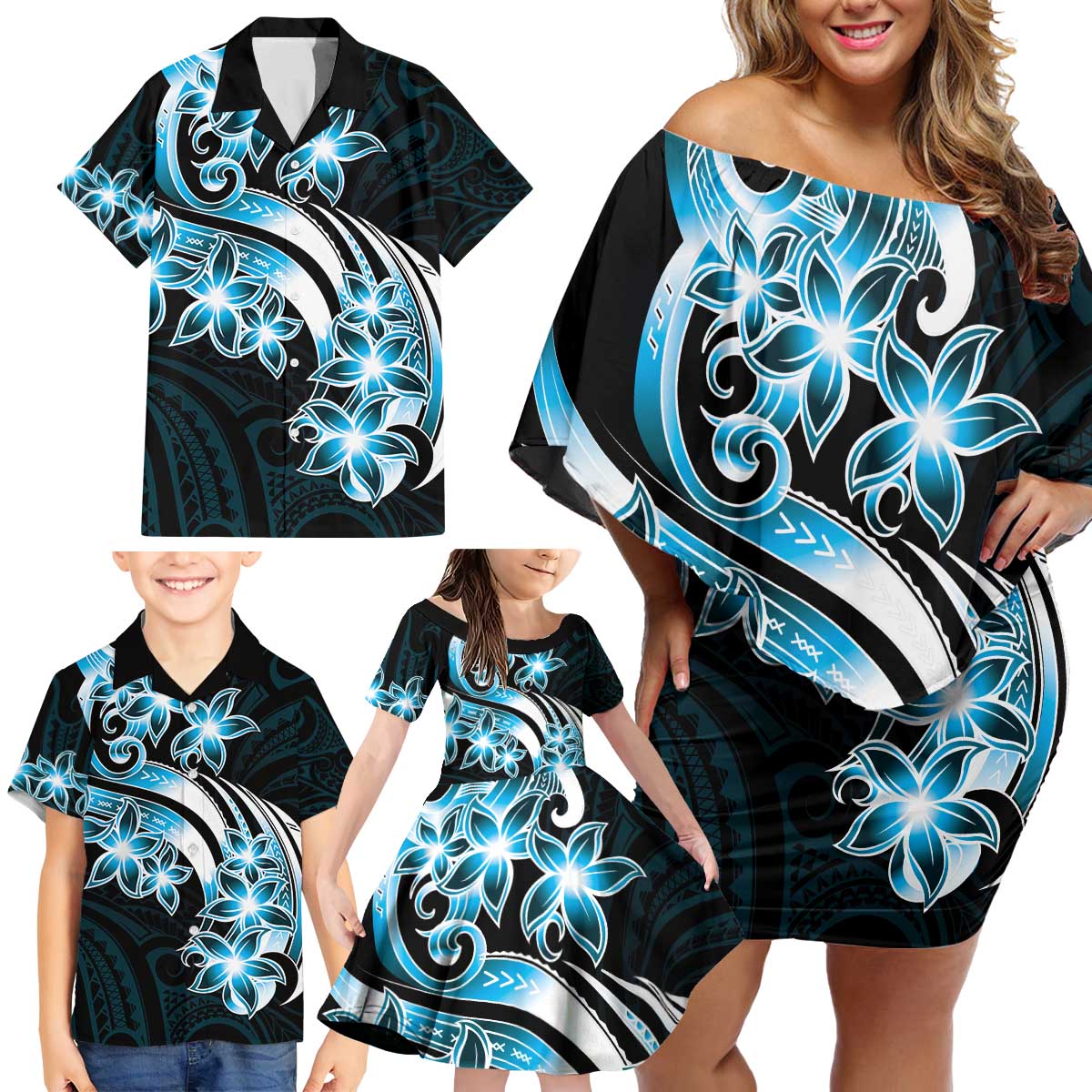 Plumeria Tribal Tattoo Family Matching Off Shoulder Short Dress and Hawaiian Shirt Blue Polynesian Pattern