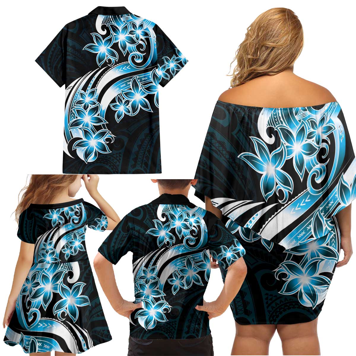 Plumeria Tribal Tattoo Family Matching Off Shoulder Short Dress and Hawaiian Shirt Blue Polynesian Pattern