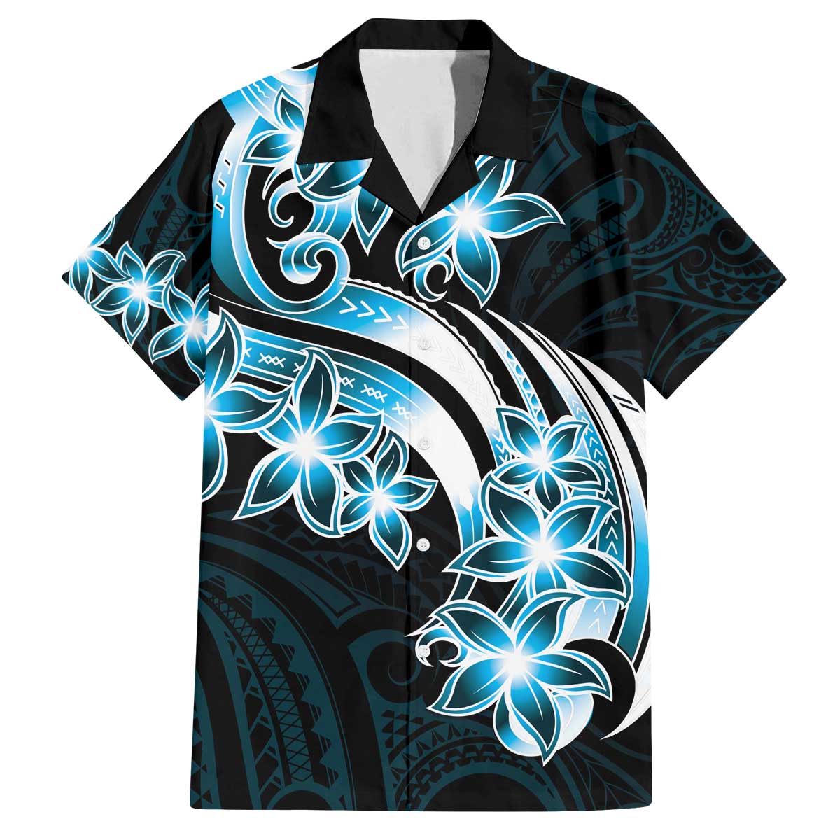 Plumeria Tribal Tattoo Family Matching Off Shoulder Short Dress and Hawaiian Shirt Blue Polynesian Pattern