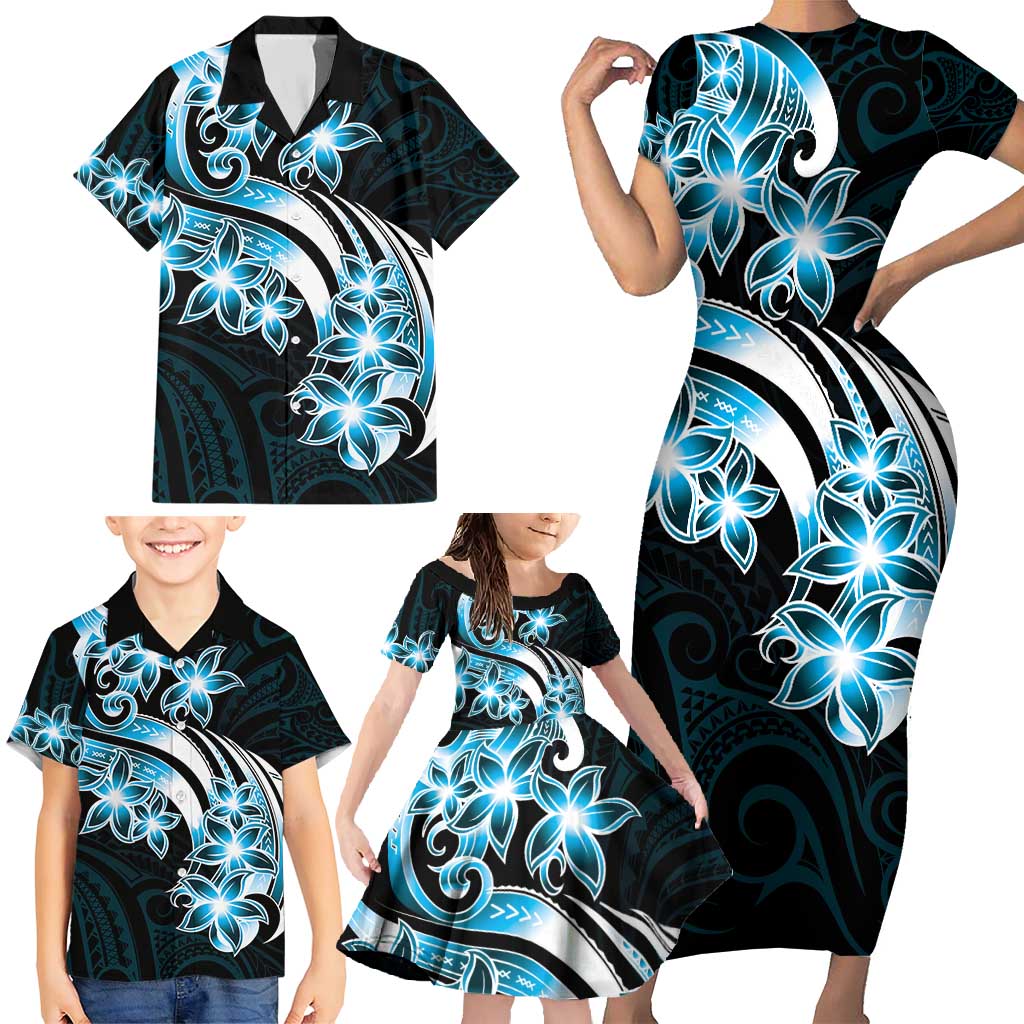 Plumeria Tribal Tattoo Family Matching Short Sleeve Bodycon Dress and Hawaiian Shirt Blue Polynesian Pattern LT9 - Polynesian Pride