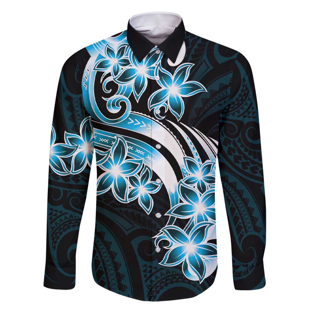 Plumeria Tribal Tattoo Family Matching Short Sleeve Bodycon Dress and Hawaiian Shirt Blue Polynesian Pattern LT9 Dad's Shirt - Long Sleeve Blue - Polynesian Pride