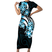 Plumeria Tribal Tattoo Family Matching Short Sleeve Bodycon Dress and Hawaiian Shirt Blue Polynesian Pattern LT9 Mom's Dress Blue - Polynesian Pride