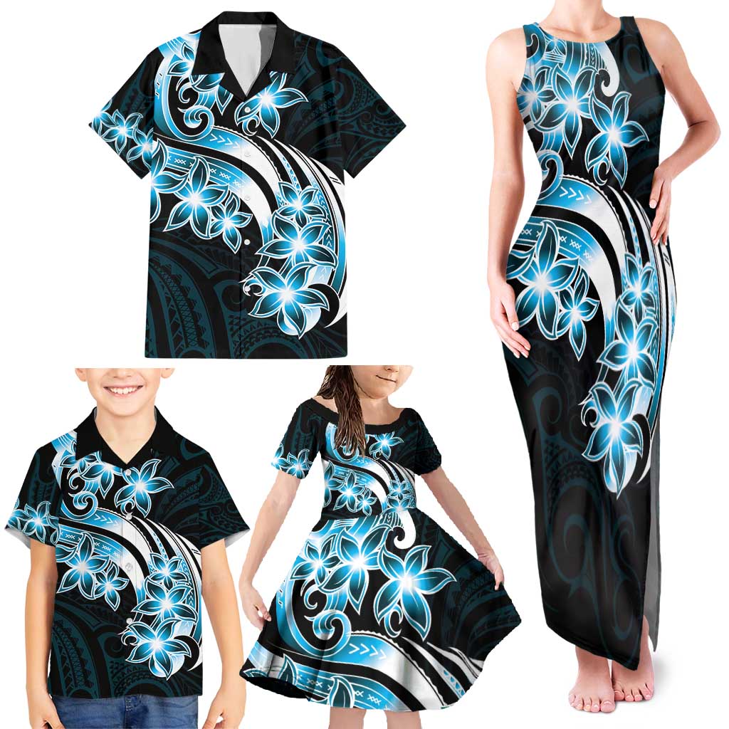 Plumeria Tribal Tattoo Family Matching Tank Maxi Dress and Hawaiian Shirt Blue Polynesian Pattern