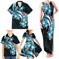 Plumeria Tribal Tattoo Family Matching Tank Maxi Dress and Hawaiian Shirt Blue Polynesian Pattern