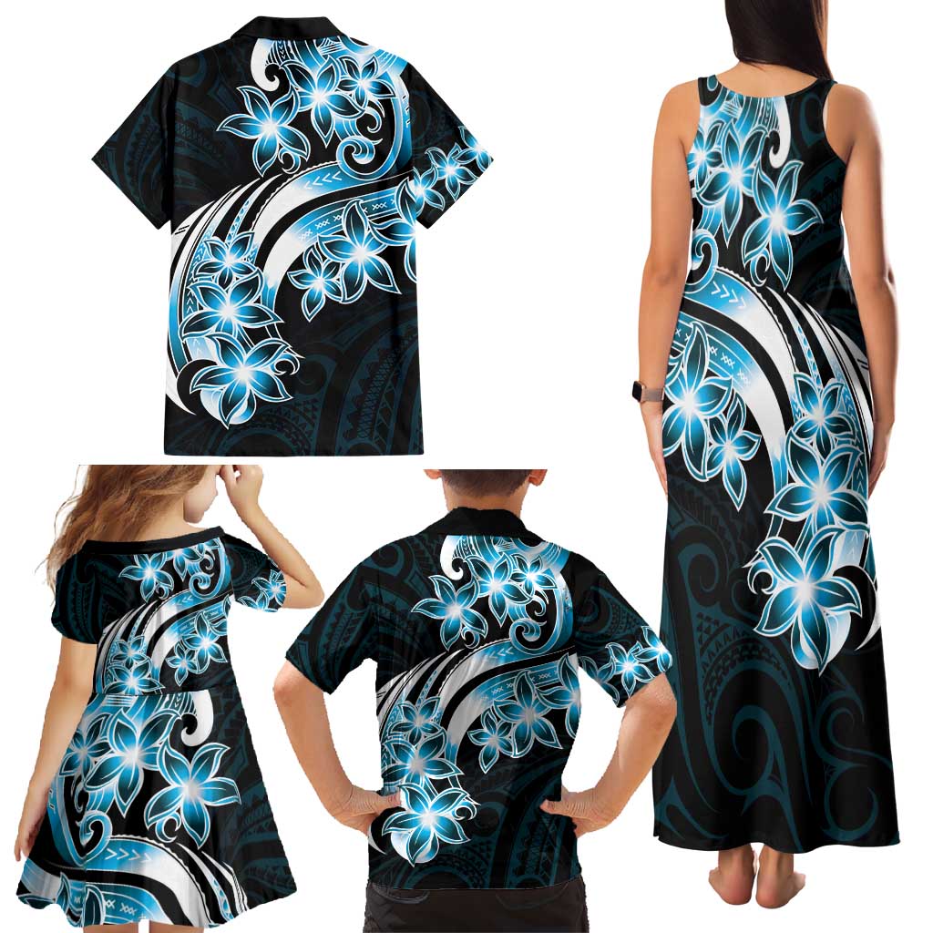 Plumeria Tribal Tattoo Family Matching Tank Maxi Dress and Hawaiian Shirt Blue Polynesian Pattern