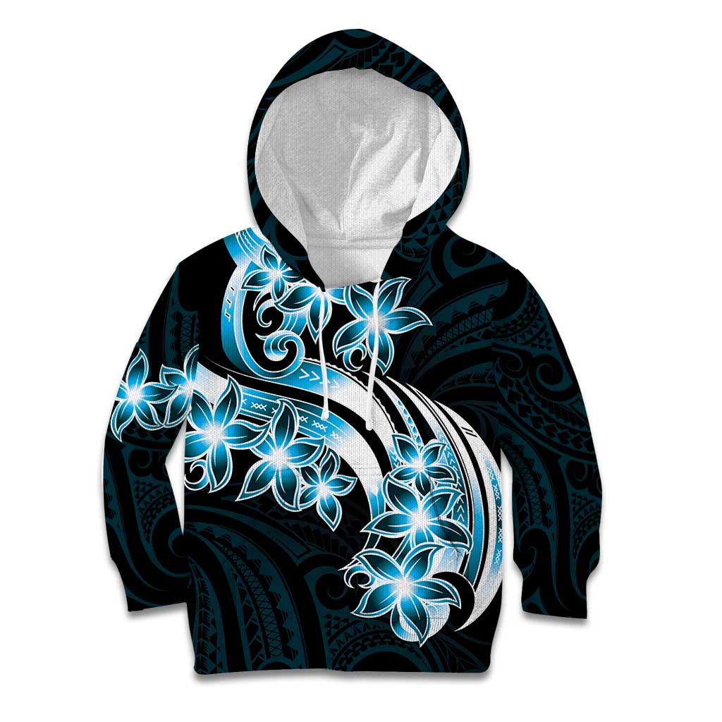 Plumeria Tribal Tattoo Kid Hoodie Blue Polynesian Pattern