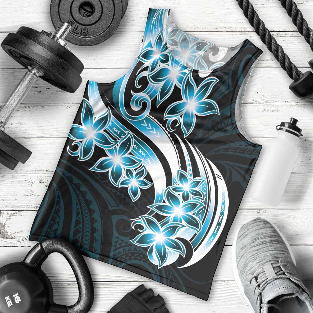 Plumeria Tribal Tattoo Men Tank Top Blue Polynesian Pattern