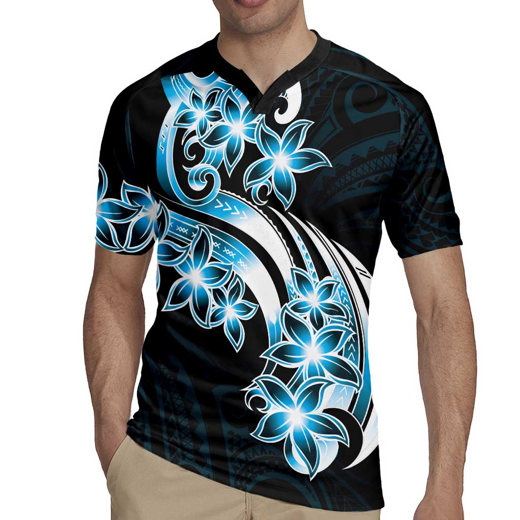 Plumeria Tribal Tattoo Rugby Jersey Blue Polynesian Pattern