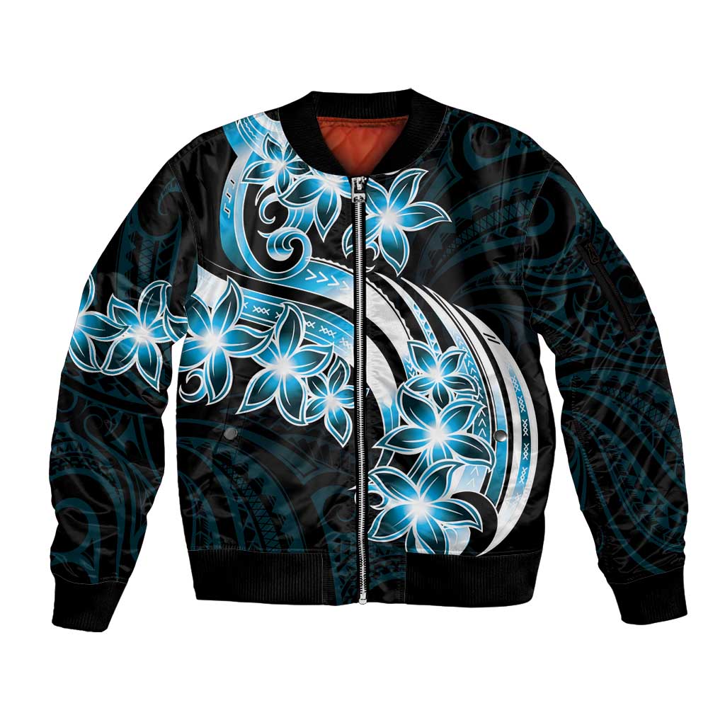 Plumeria Tribal Tattoo Sleeve Zip Bomber Jacket Blue Polynesian Pattern