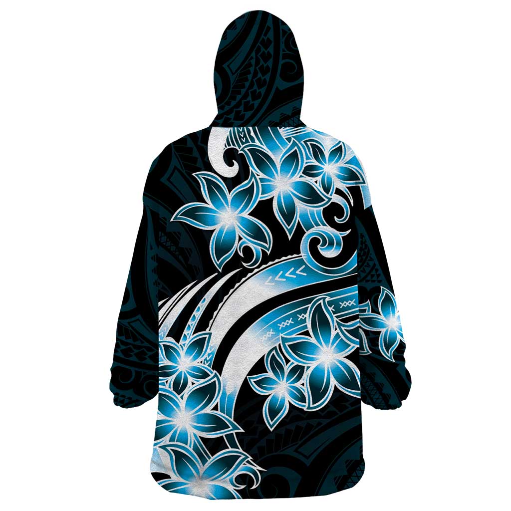 Plumeria Tribal Tattoo Wearable Blanket Hoodie Blue Polynesian Pattern