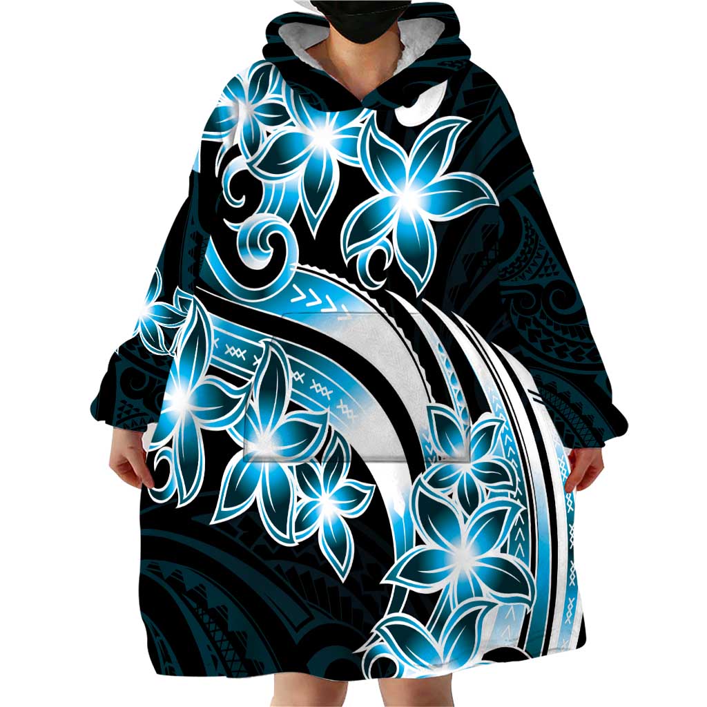 Plumeria Tribal Tattoo Wearable Blanket Hoodie Blue Polynesian Pattern
