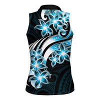 Plumeria Tribal Tattoo Women Sleeveless Polo Shirt Blue Polynesian Pattern