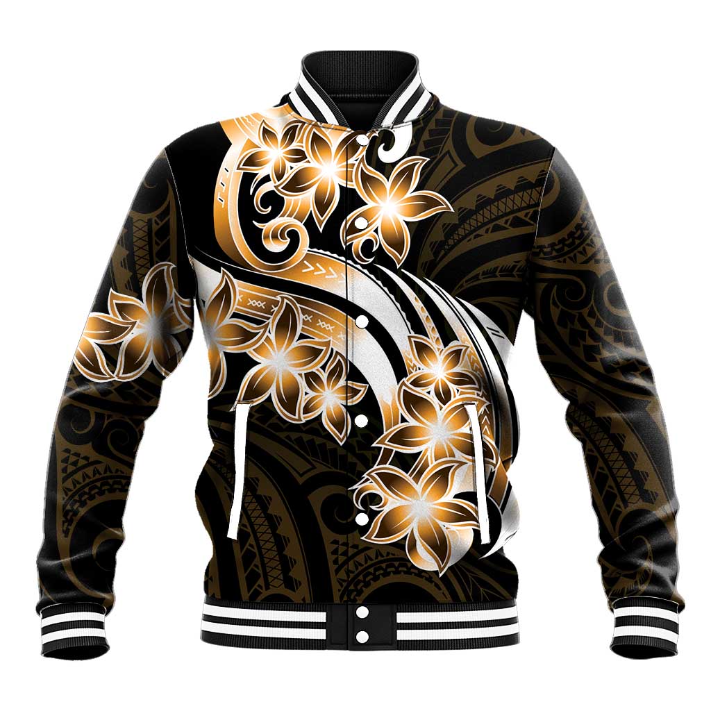 Plumeria Tribal Tattoo Baseball Jacket Gold Polynesian Pattern