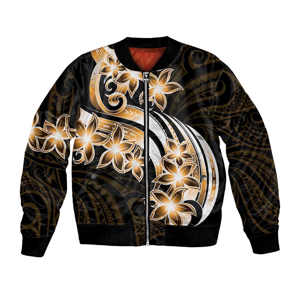 Plumeria Tribal Tattoo Bomber Jacket Gold Polynesian Pattern