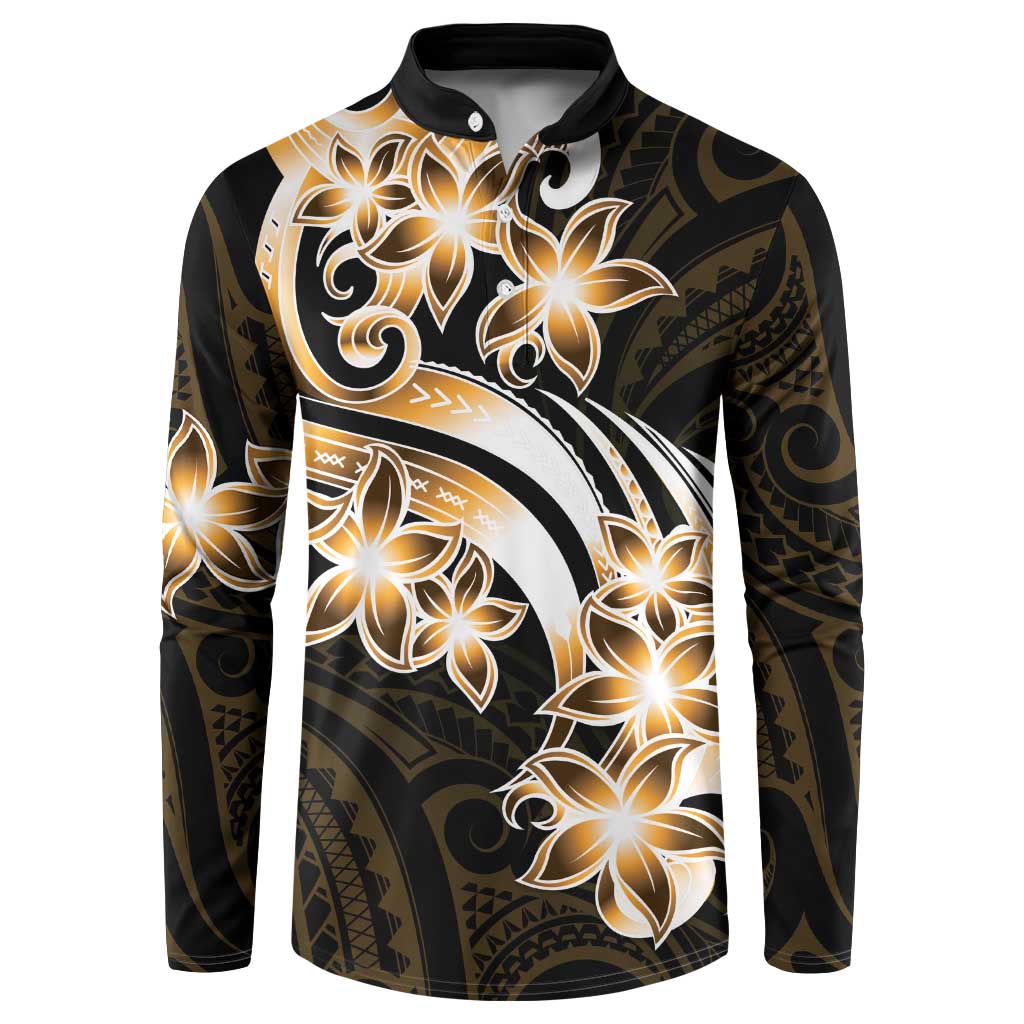 Plumeria Tribal Tattoo Button Sweatshirt Gold Polynesian Pattern