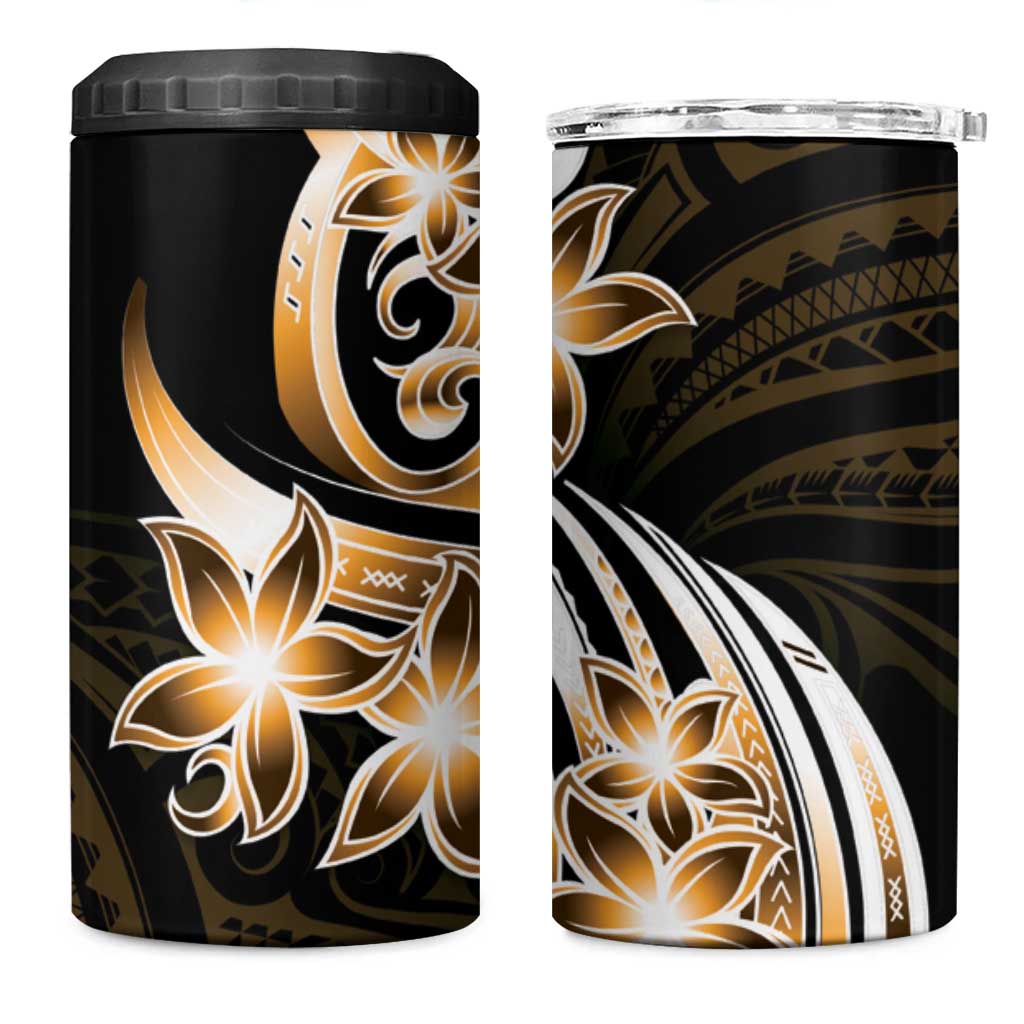 Plumeria Tribal Tattoo 4 in 1 Can Cooler Tumbler Gold Polynesian Pattern