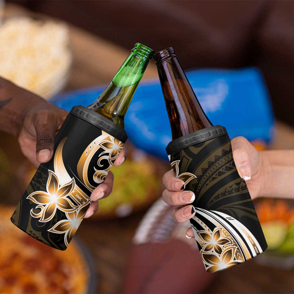 Plumeria Tribal Tattoo 4 in 1 Can Cooler Tumbler Gold Polynesian Pattern