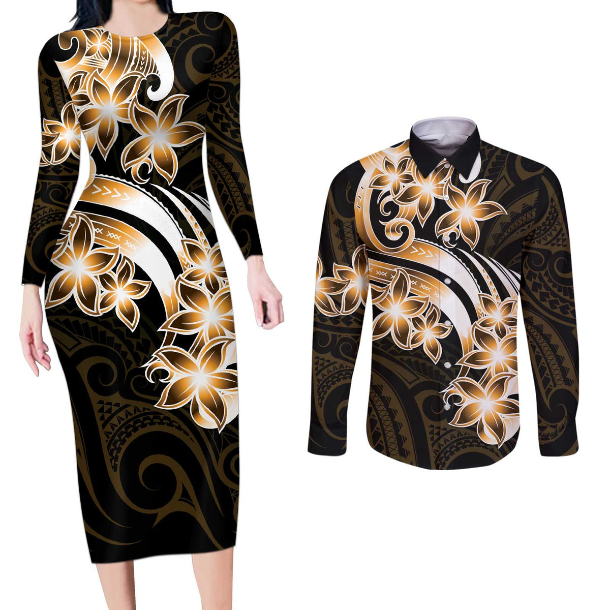 Plumeria Tribal Tattoo Couples Matching Long Sleeve Bodycon Dress and Long Sleeve Button Shirt Gold Polynesian Pattern