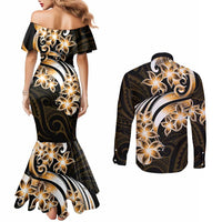 Plumeria Tribal Tattoo Couples Matching Mermaid Dress and Long Sleeve Button Shirt Gold Polynesian Pattern