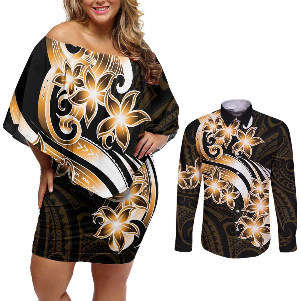 Plumeria Tribal Tattoo Couples Matching Off Shoulder Short Dress and Long Sleeve Button Shirt Gold Polynesian Pattern