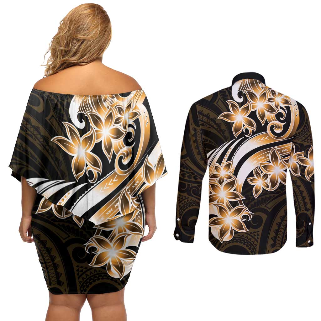 Plumeria Tribal Tattoo Couples Matching Off Shoulder Short Dress and Long Sleeve Button Shirt Gold Polynesian Pattern