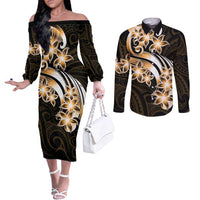 Plumeria Tribal Tattoo Couples Matching Off The Shoulder Long Sleeve Dress and Long Sleeve Button Shirt Gold Polynesian Pattern