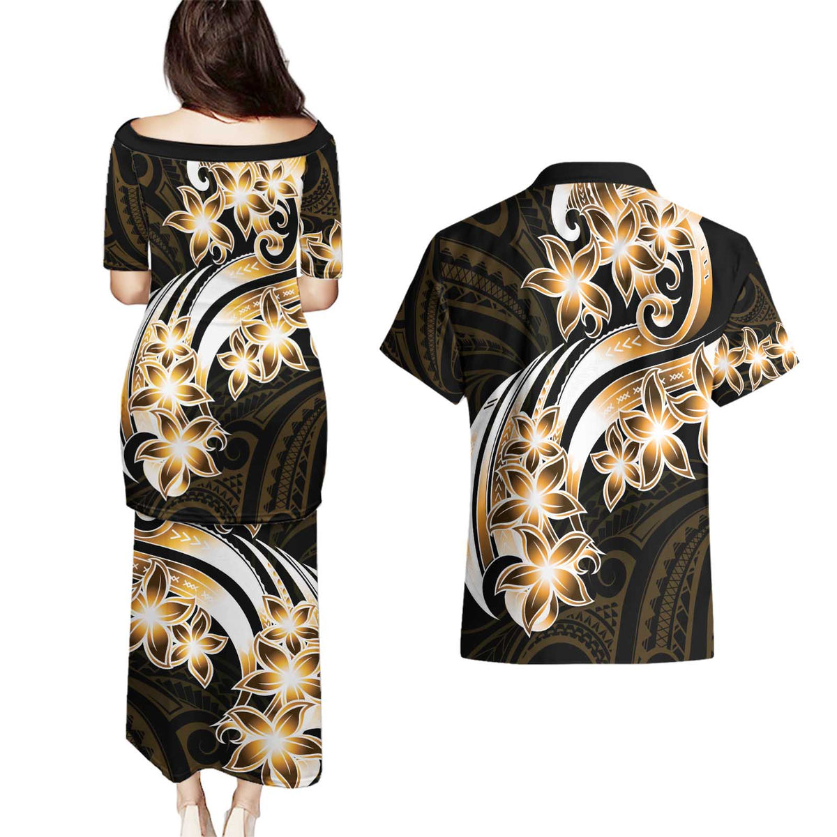 Plumeria Tribal Tattoo Couples Matching Puletasi and Hawaiian Shirt Gold Polynesian Pattern
