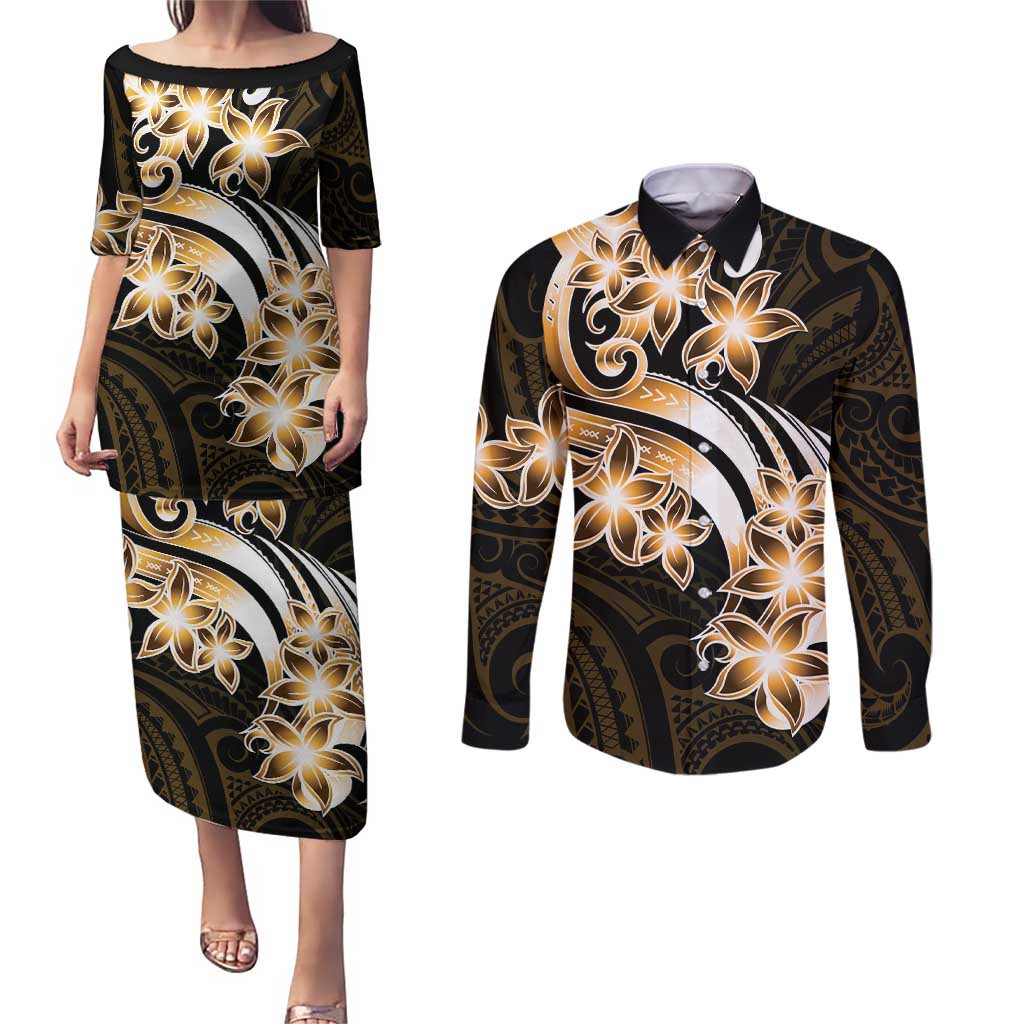 Plumeria Tribal Tattoo Couples Matching Puletasi and Long Sleeve Button Shirt Gold Polynesian Pattern LT9 Gold - Polynesian Pride