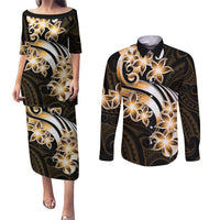 Plumeria Tribal Tattoo Couples Matching Puletasi and Long Sleeve Button Shirt Gold Polynesian Pattern LT9 Gold - Polynesian Pride