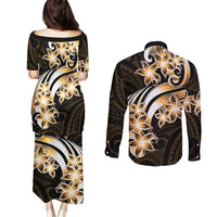 Plumeria Tribal Tattoo Couples Matching Puletasi and Long Sleeve Button Shirt Gold Polynesian Pattern LT9 - Polynesian Pride