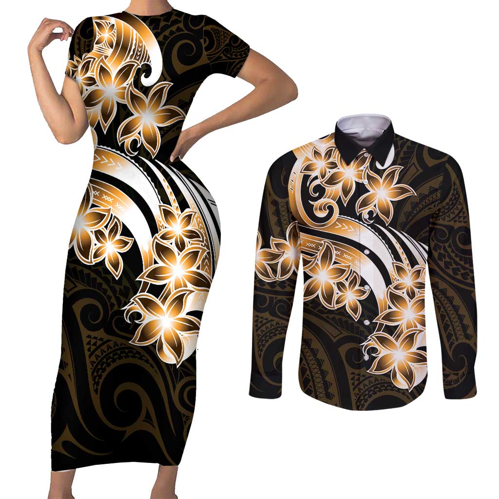Plumeria Tribal Tattoo Couples Matching Short Sleeve Bodycon Dress and Long Sleeve Button Shirt Gold Polynesian Pattern