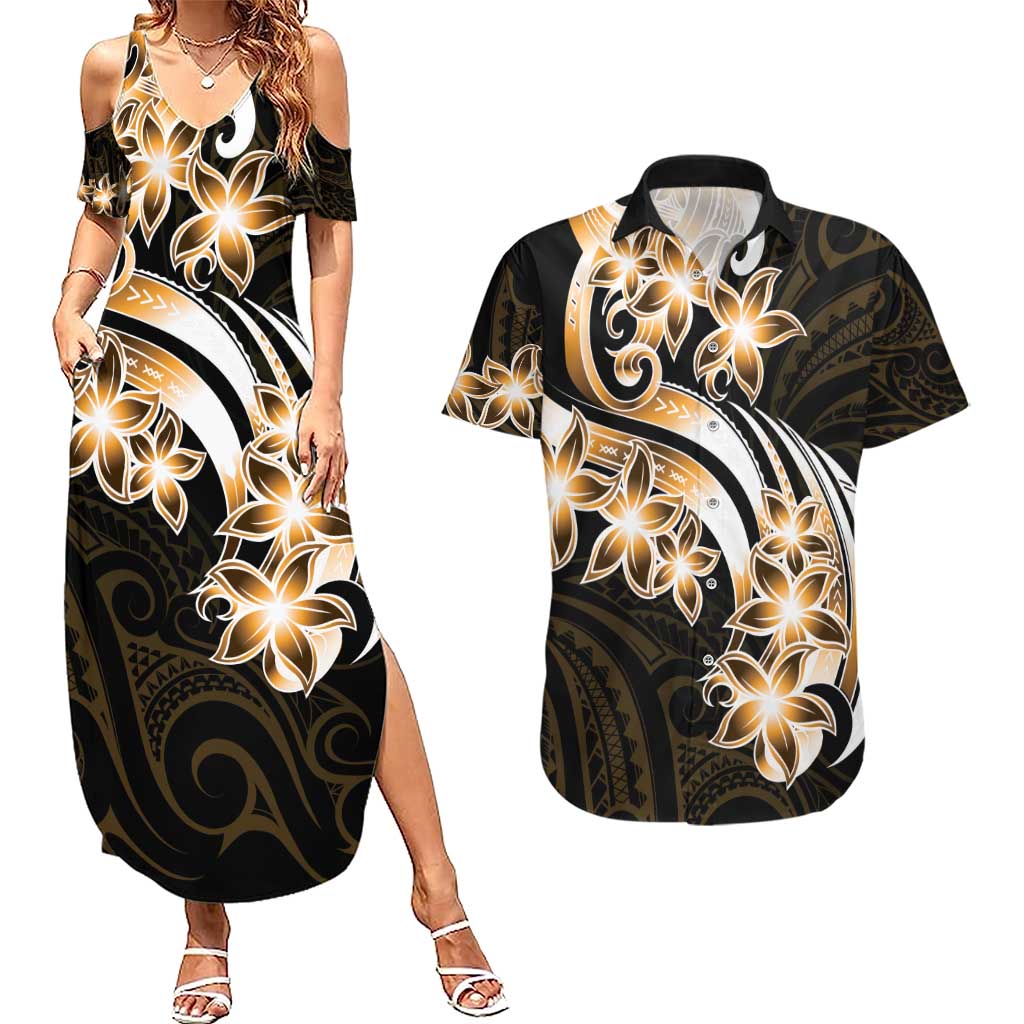 Plumeria Tribal Tattoo Couples Matching Summer Maxi Dress and Hawaiian Shirt Gold Polynesian Pattern