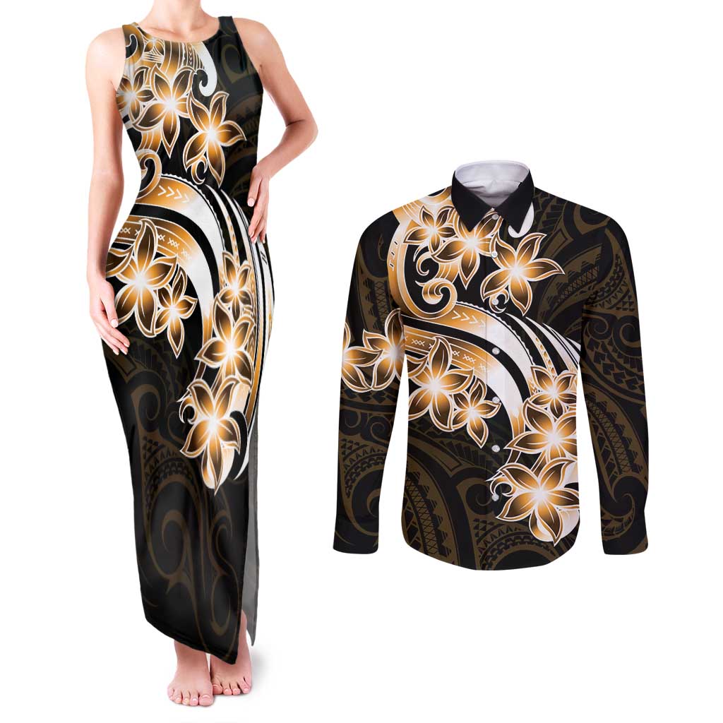Plumeria Tribal Tattoo Couples Matching Tank Maxi Dress and Long Sleeve Button Shirt Gold Polynesian Pattern