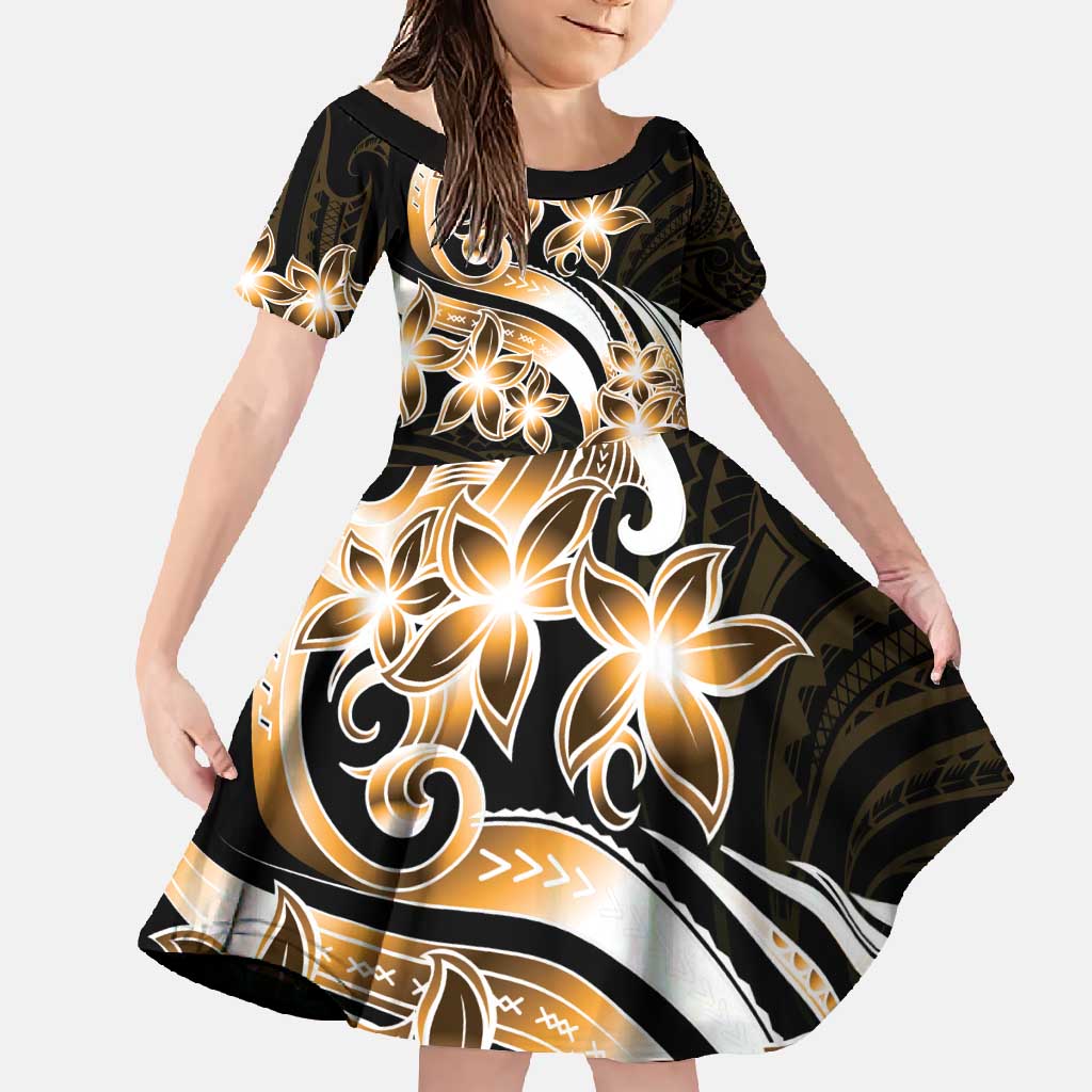 Plumeria Tribal Tattoo Family Matching Long Sleeve Bodycon Dress and Hawaiian Shirt Gold Polynesian Pattern LT9 Daughter's Dress Gold - Polynesian Pride