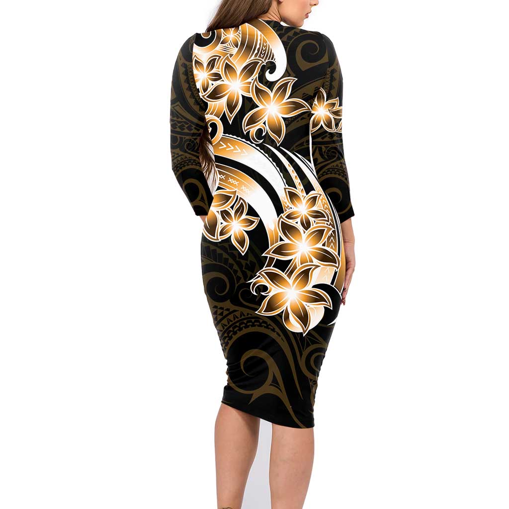 Plumeria Tribal Tattoo Family Matching Long Sleeve Bodycon Dress and Hawaiian Shirt Gold Polynesian Pattern LT9 - Polynesian Pride