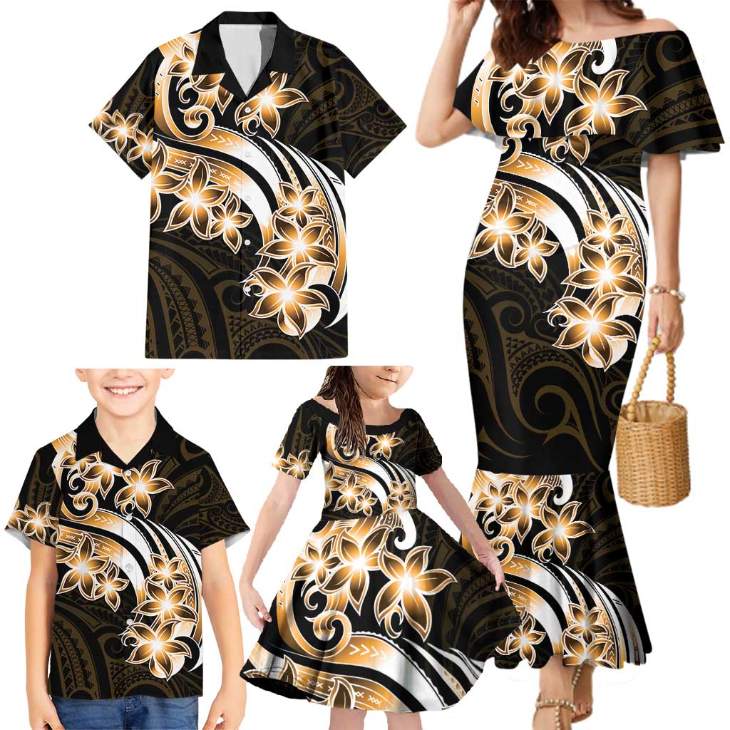 Plumeria Tribal Tattoo Family Matching Mermaid Dress and Hawaiian Shirt Gold Polynesian Pattern LT9 - Polynesian Pride