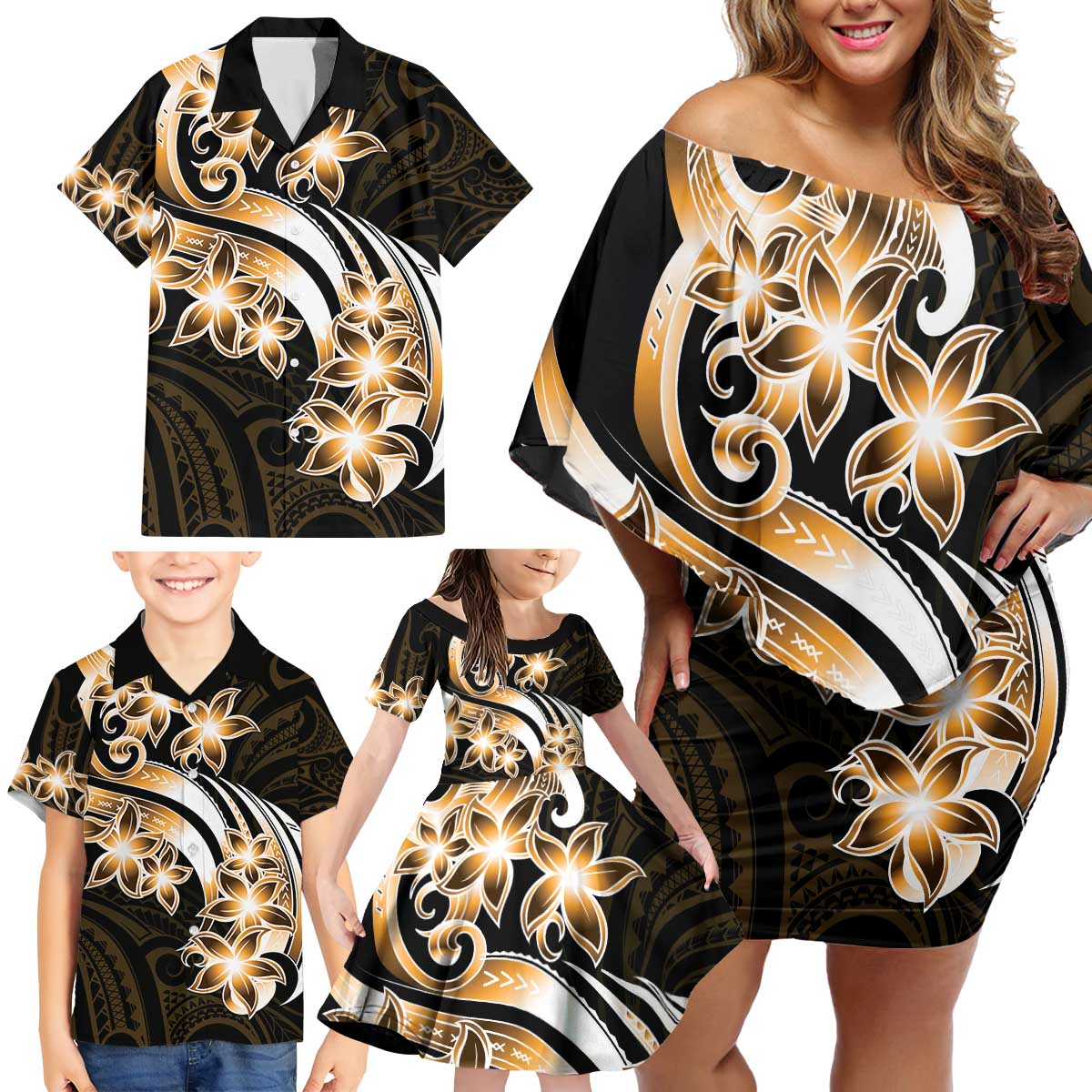 Plumeria Tribal Tattoo Family Matching Off Shoulder Short Dress and Hawaiian Shirt Gold Polynesian Pattern