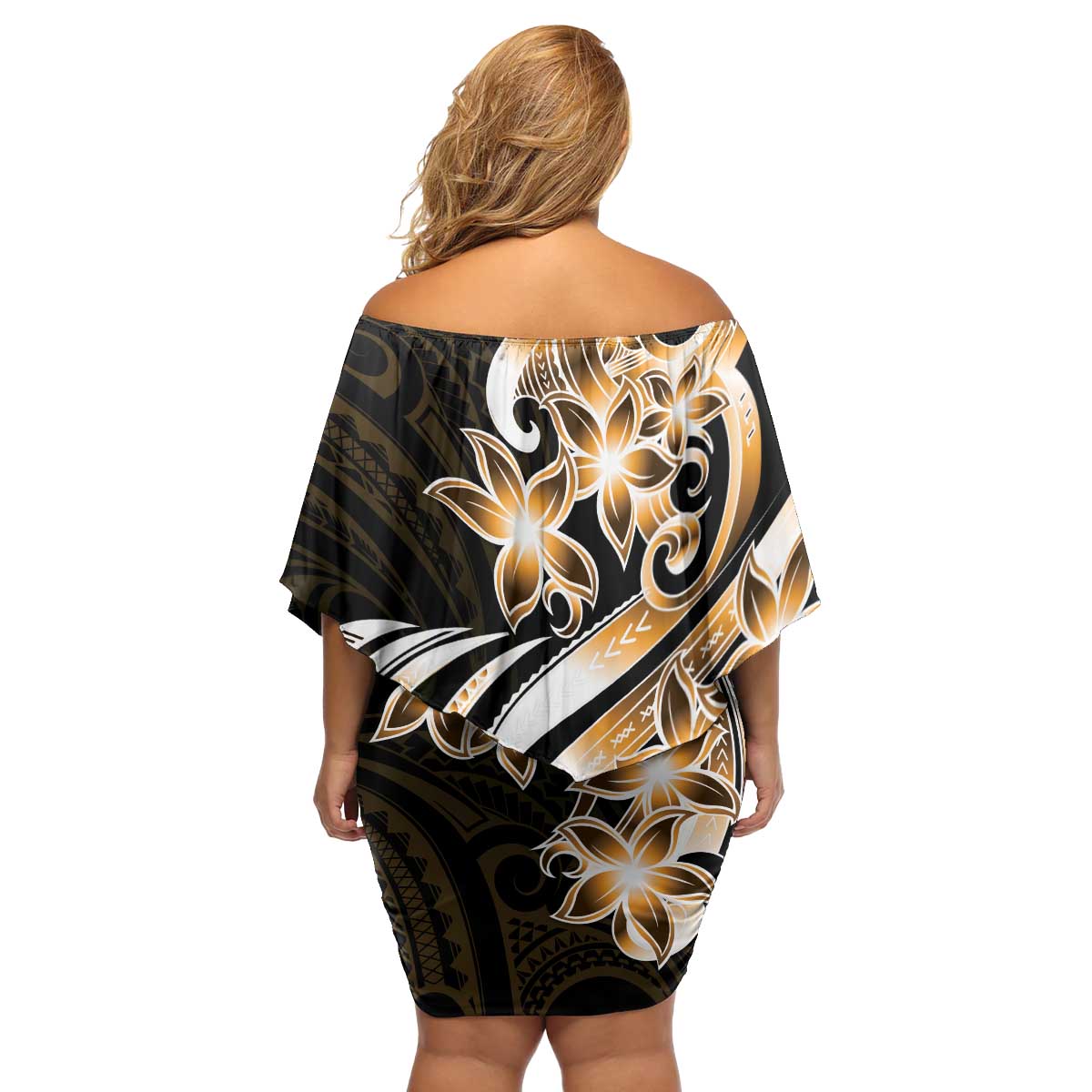 Plumeria Tribal Tattoo Family Matching Off Shoulder Short Dress and Hawaiian Shirt Gold Polynesian Pattern